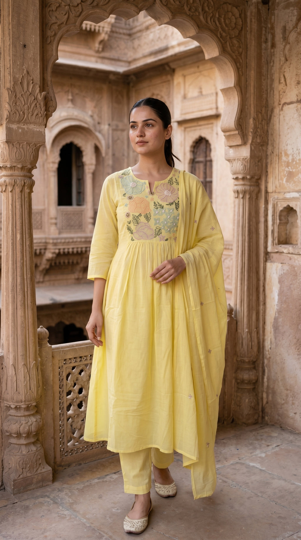Lemon Yellow Floral Embroidered Mal Cotton A-Line Suit Set