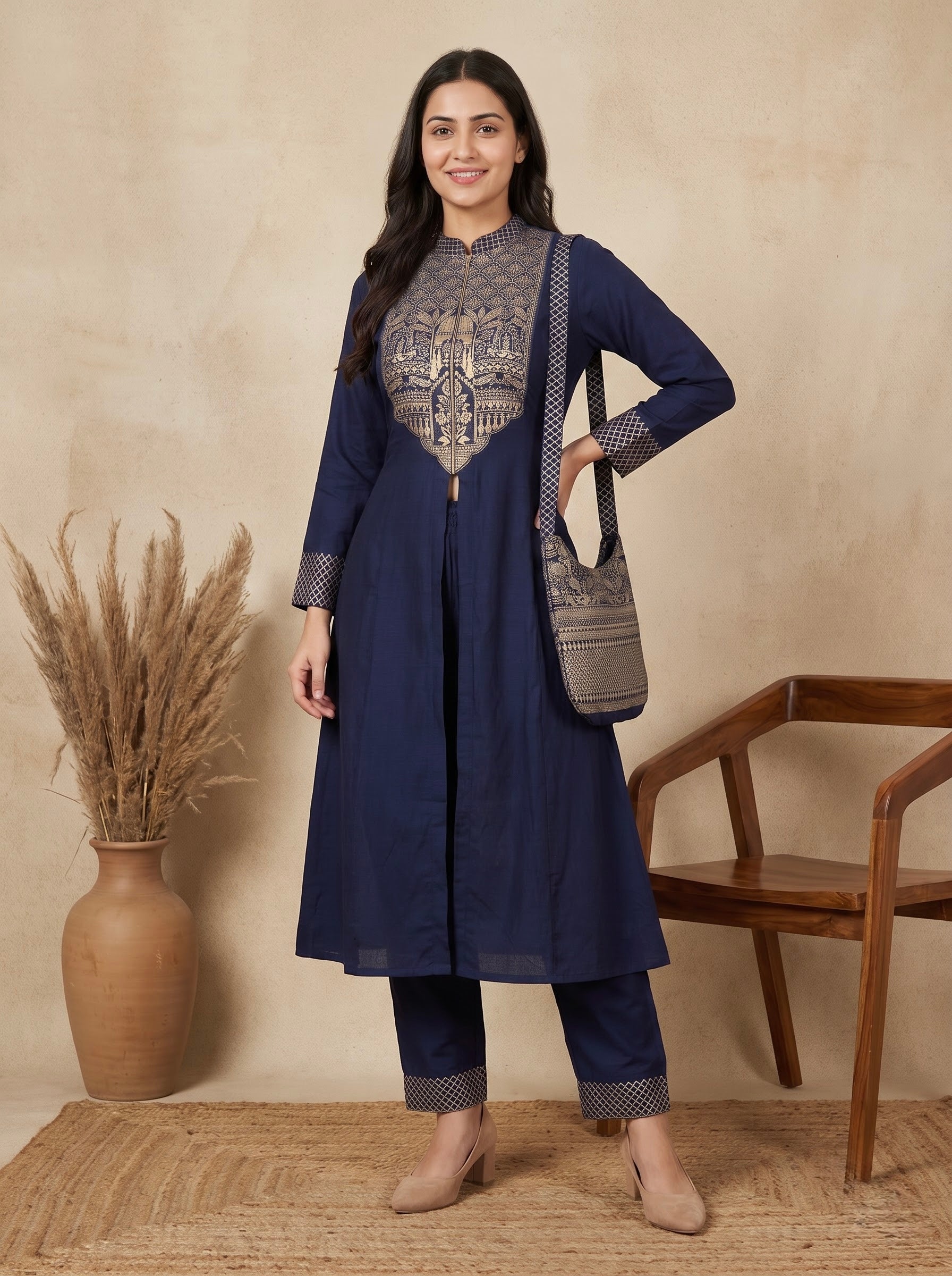 Navy Blue Gold Foil Print Premium  Front-Slit Kurta Set