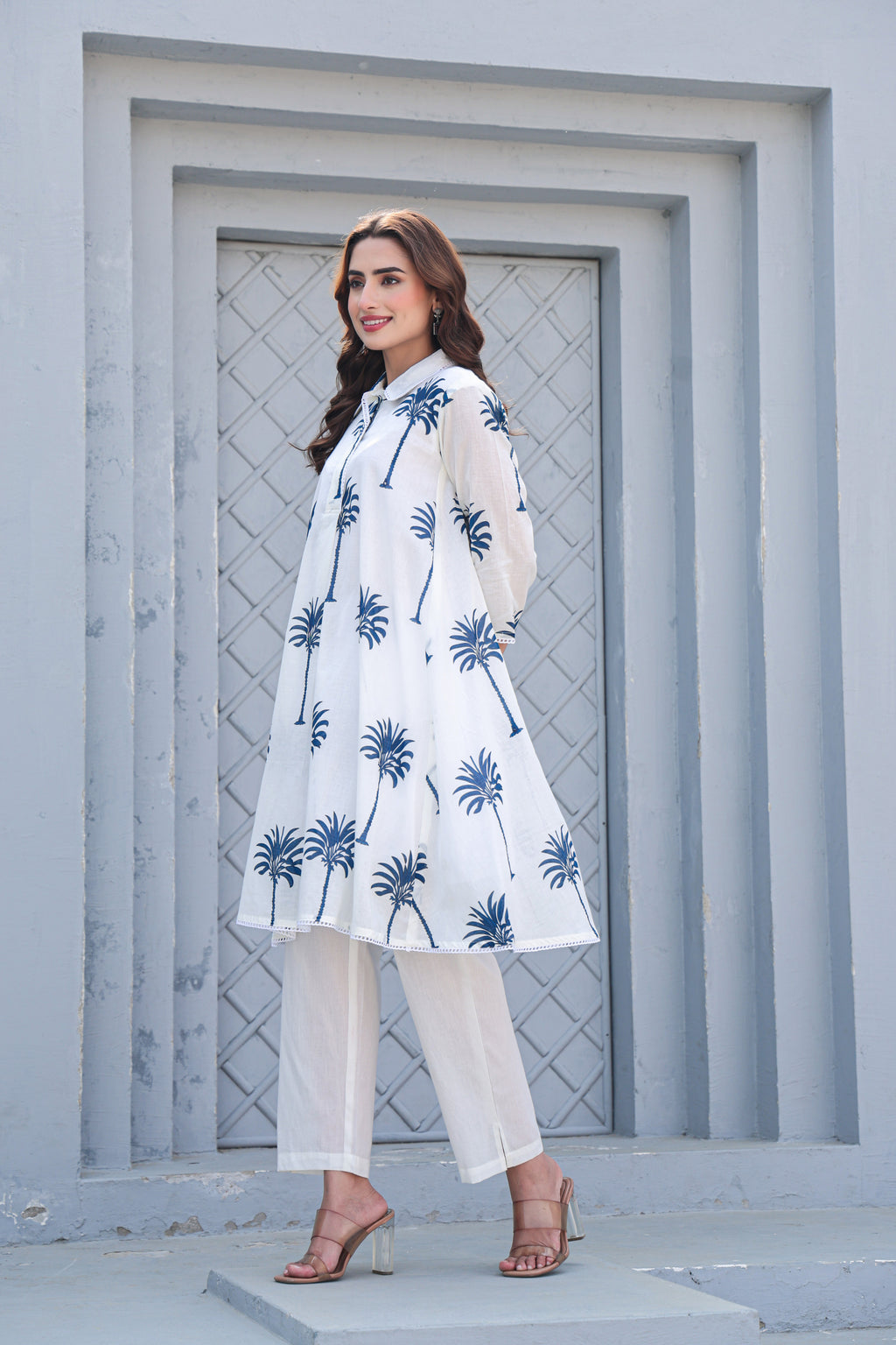 Palm Whisper – Modern White & Indigo Premium Cotton Co-ord Set