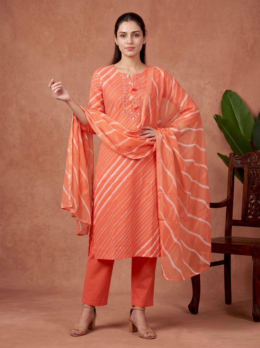 Peach Leheriya Print Premium Cotton Kurta Set
