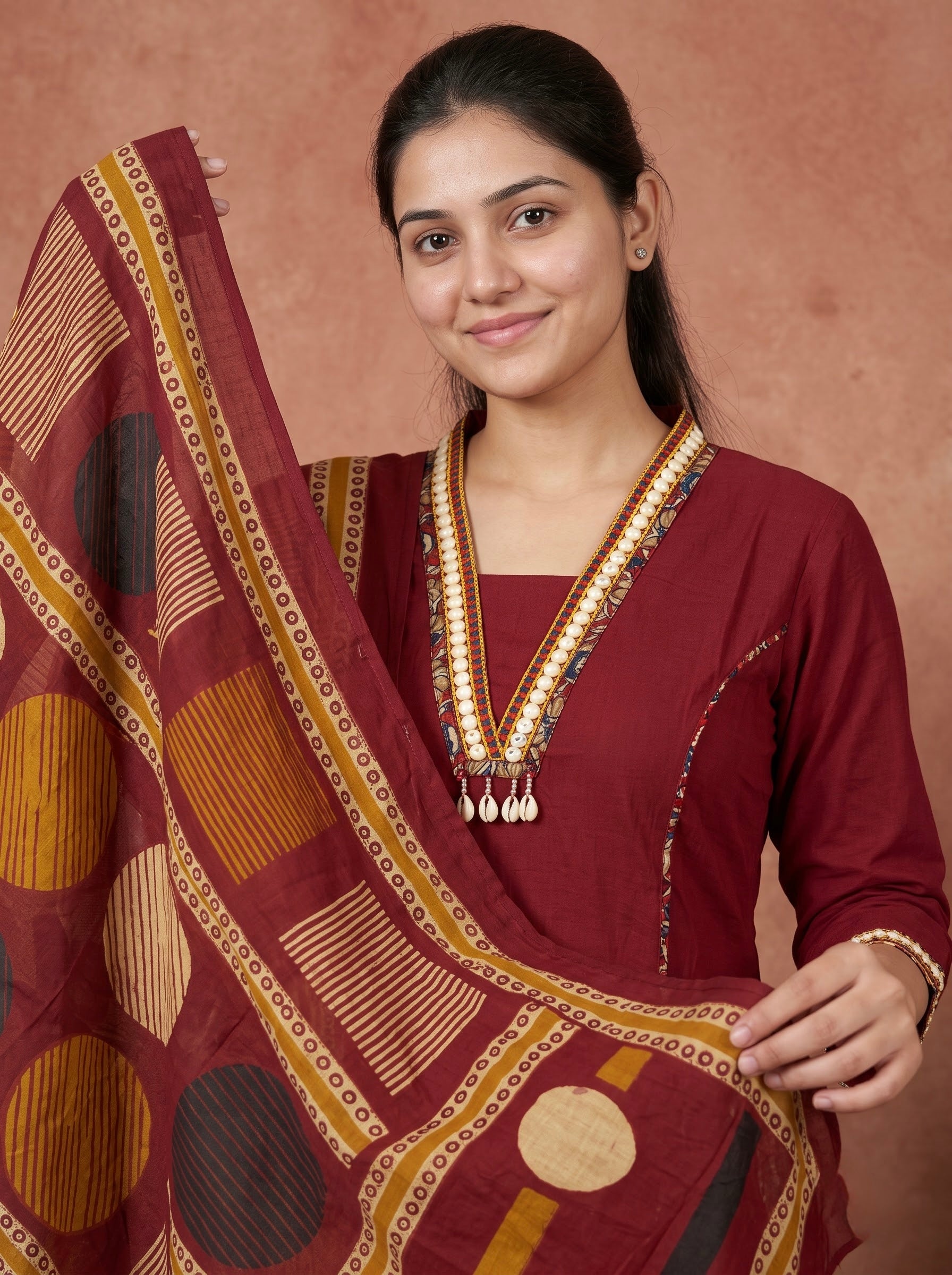 Maroon Premium Cotton Kurta Set with Embellished Neck & Printed Dupatta