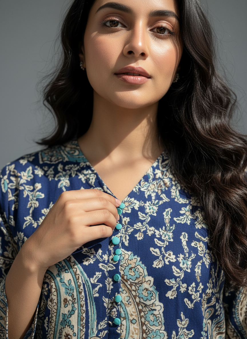 Navy Blue Paisley Cotton Anarkali Suit Set for Women – Printed Daily Wear Kurta