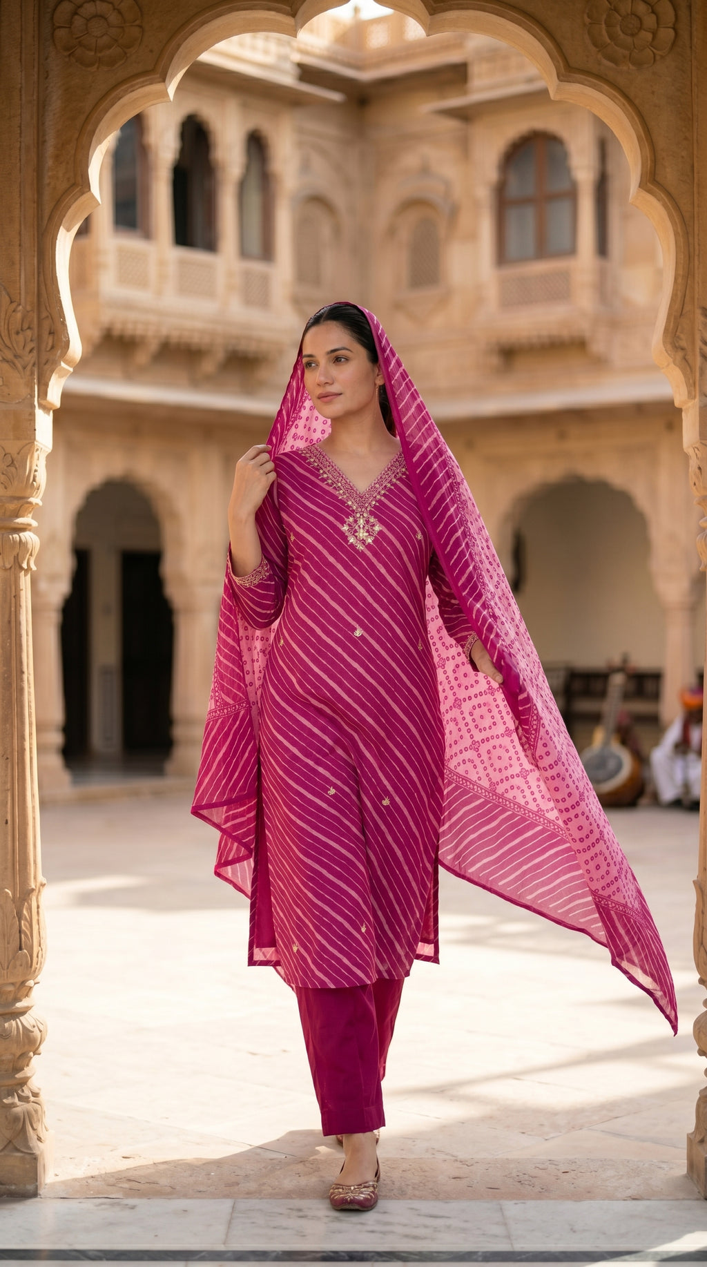 Rani Pink Leheriya Print Cotton Kurta Set for Women – Straight Suit with Bandhani Dupatta