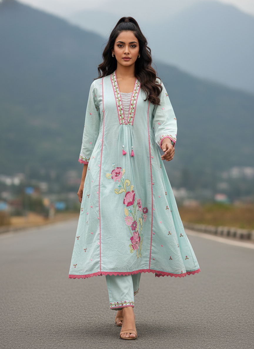 Pastel Mint & Rose Floral Embroidered Cotton Kurta Set with Palazzo