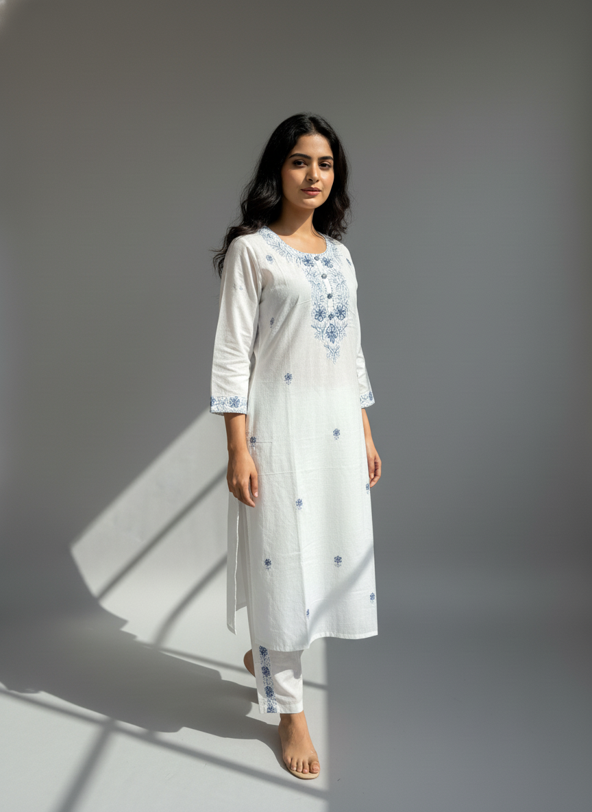 Pristine White Cotton Chikankari Embroidery Kurta Set