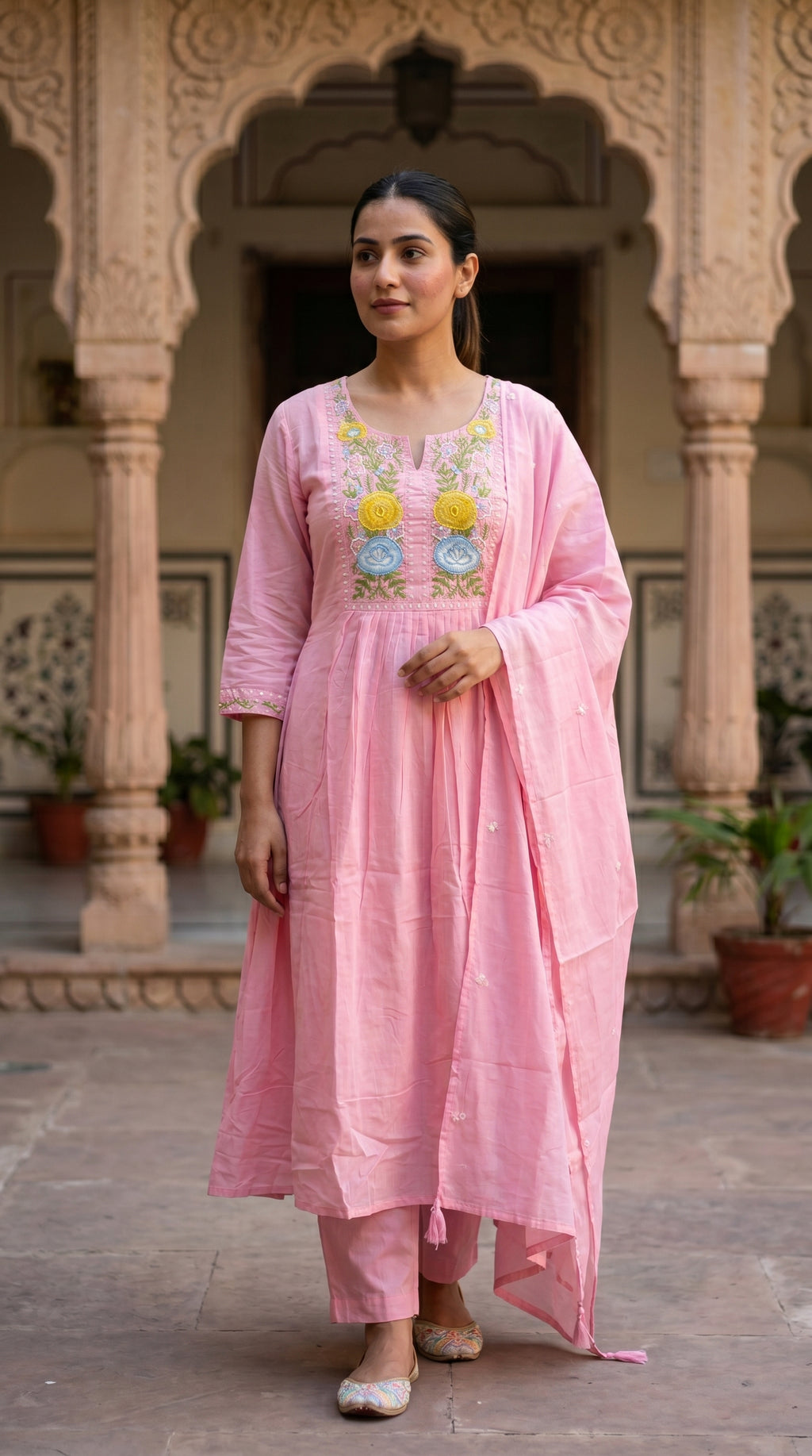 Blush Pink Floral Embroidered Mal Cotton A-Line Suit Set