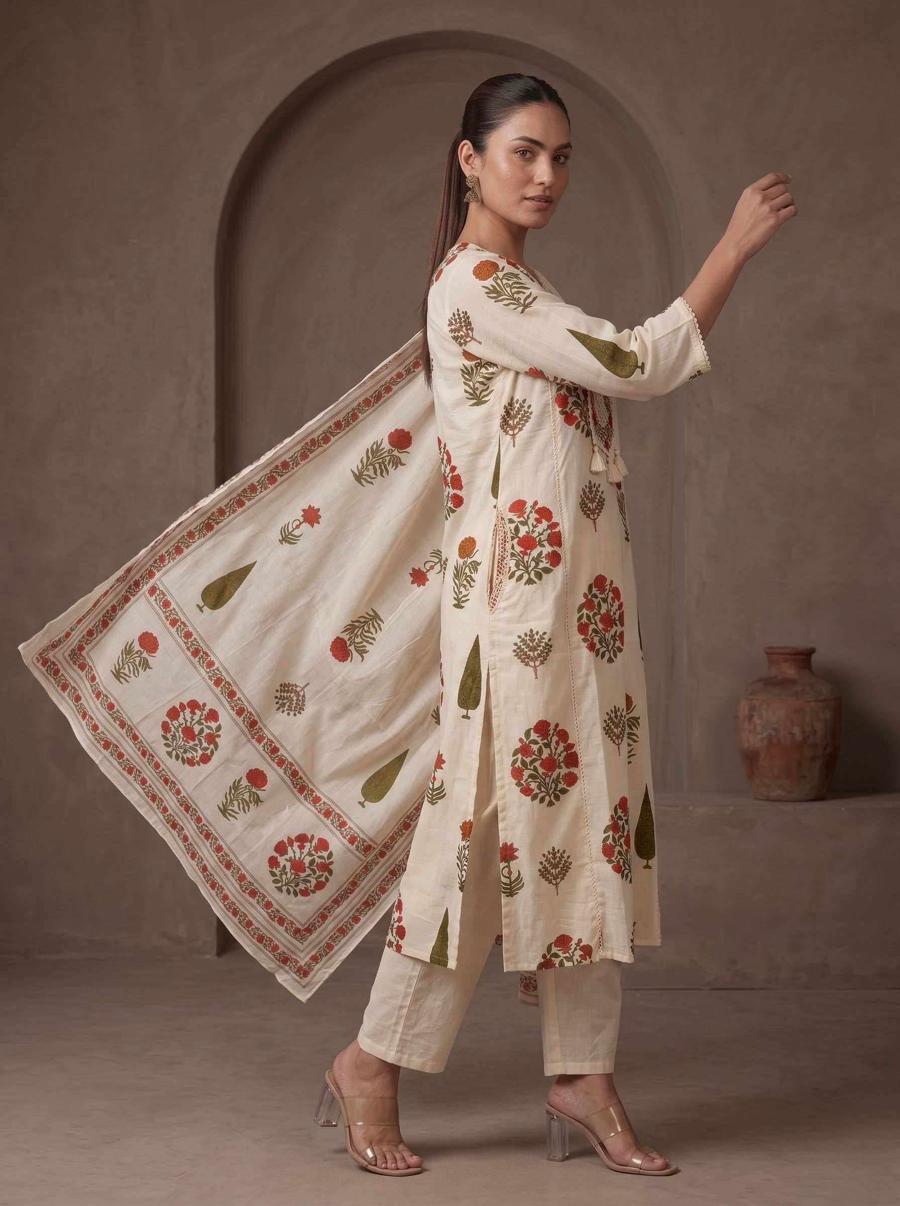 Ivory Mughal Floral Print Premium Cotton Kurta Set