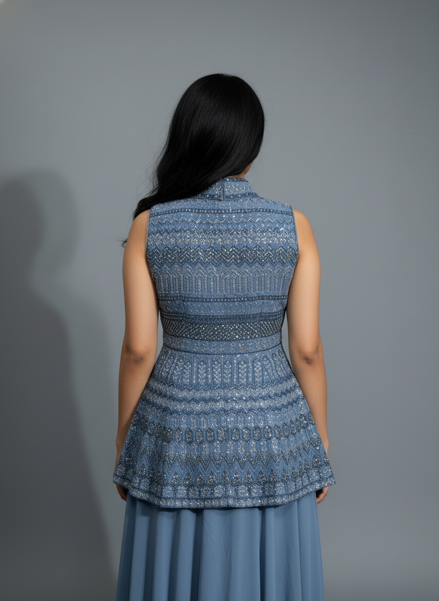 Dusty Blue Embroidered Peplum Top with Flowy Skirt Set