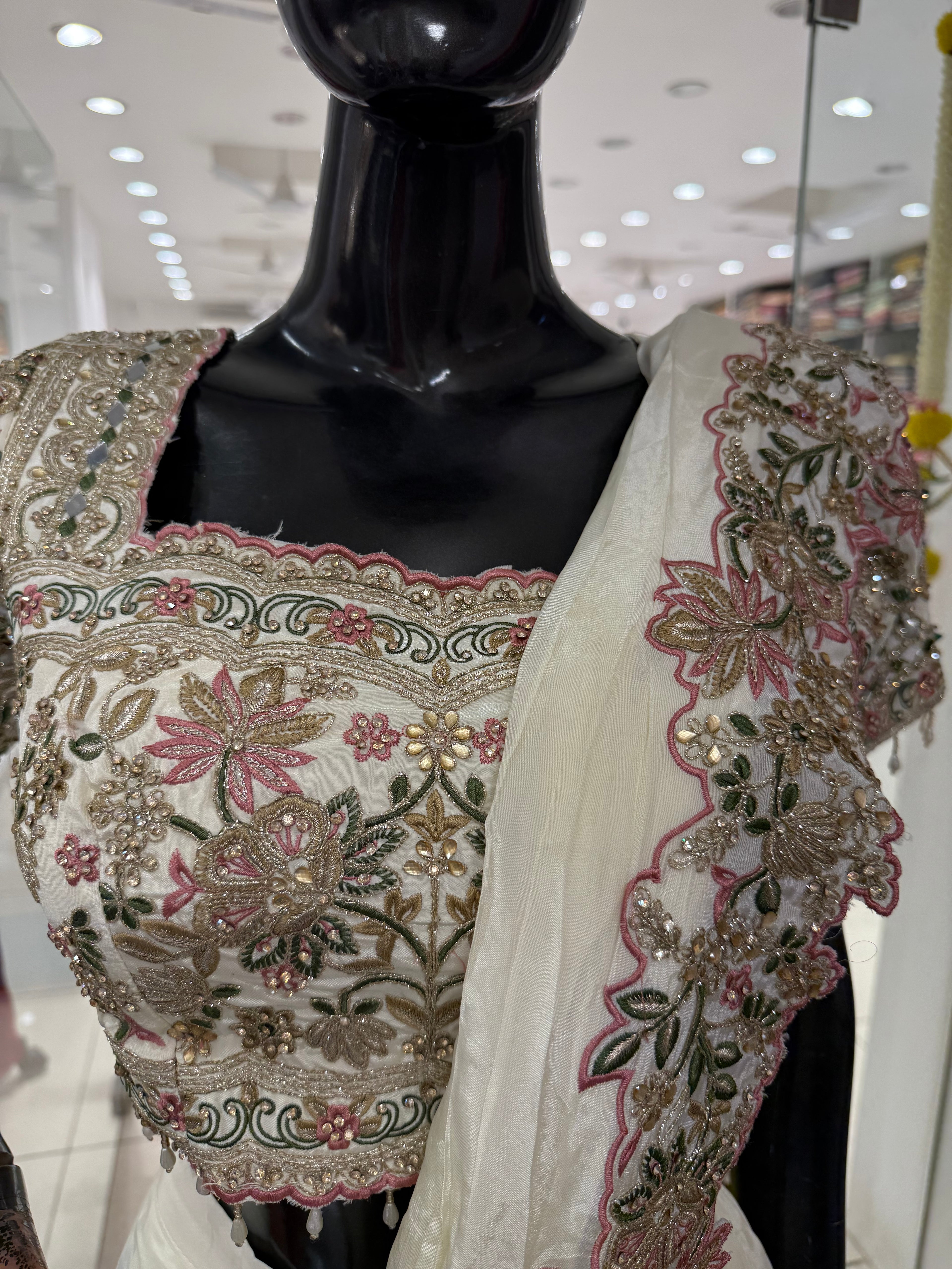 Premium Cream Silk Saree with Heavy Embroidered Short-Sleeve Blouse