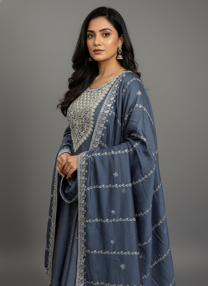 Aqua Grey Viscose Anarkali Salwar Suit with Sequin & Thread Work