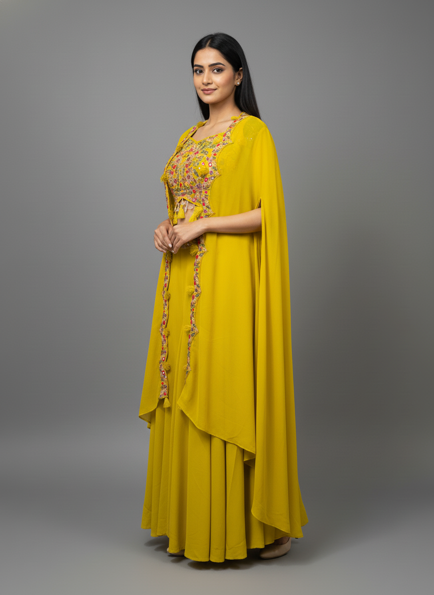 Haldi/Mehendi Georgette Indo with Floral Embroidered Cape