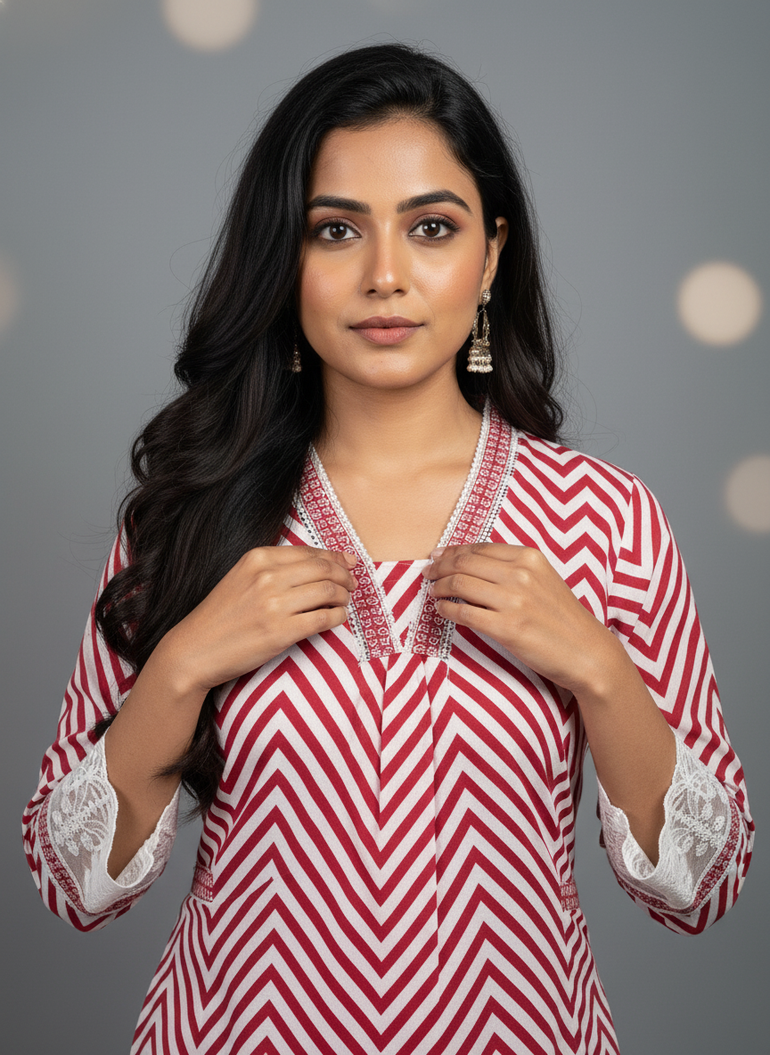 Chevron & Lace Pure Cotton Kurta Set