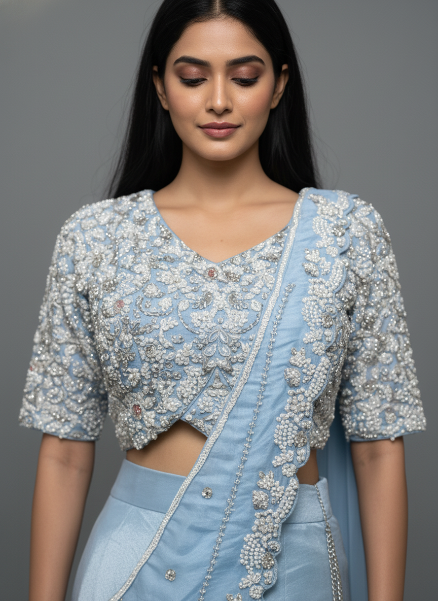 Icy Blue Sequined Blouse and Draped Skirt Indo-Western Set