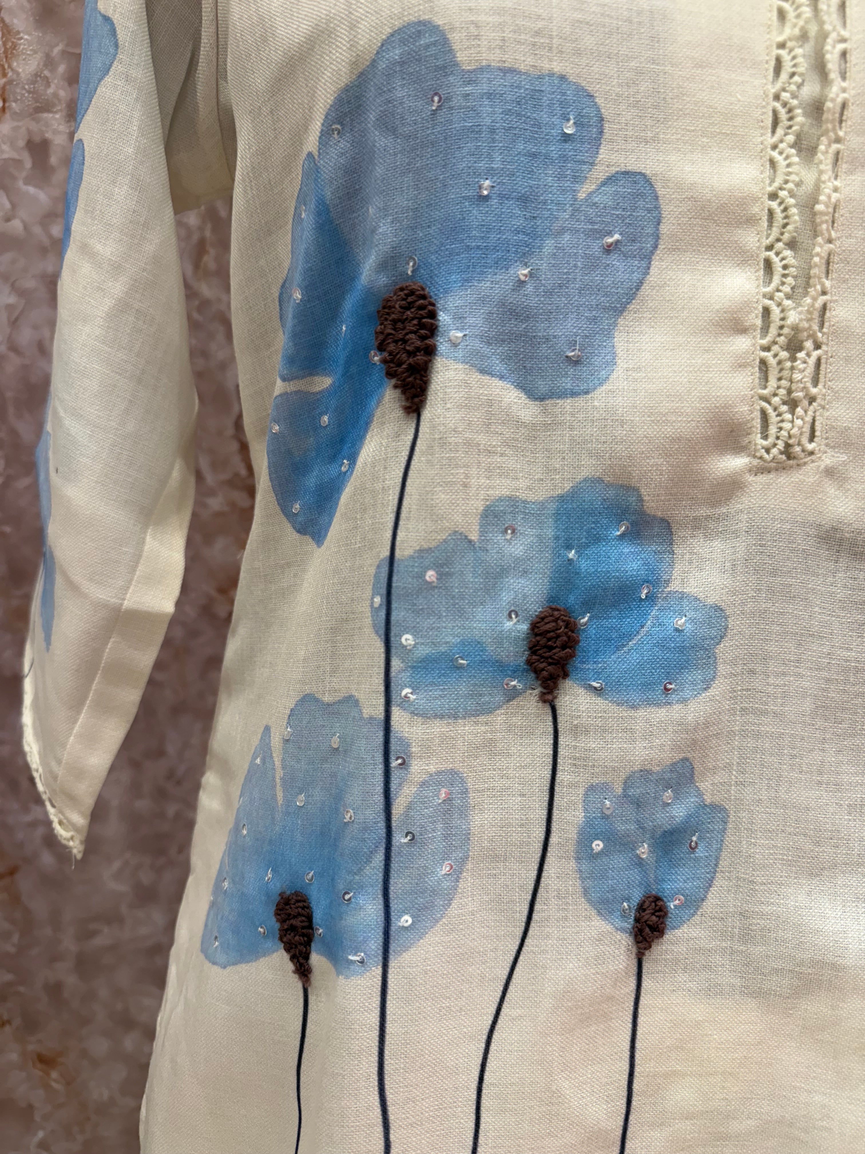 Elegant Off-White Floral Cotton Suit with Blue Accents