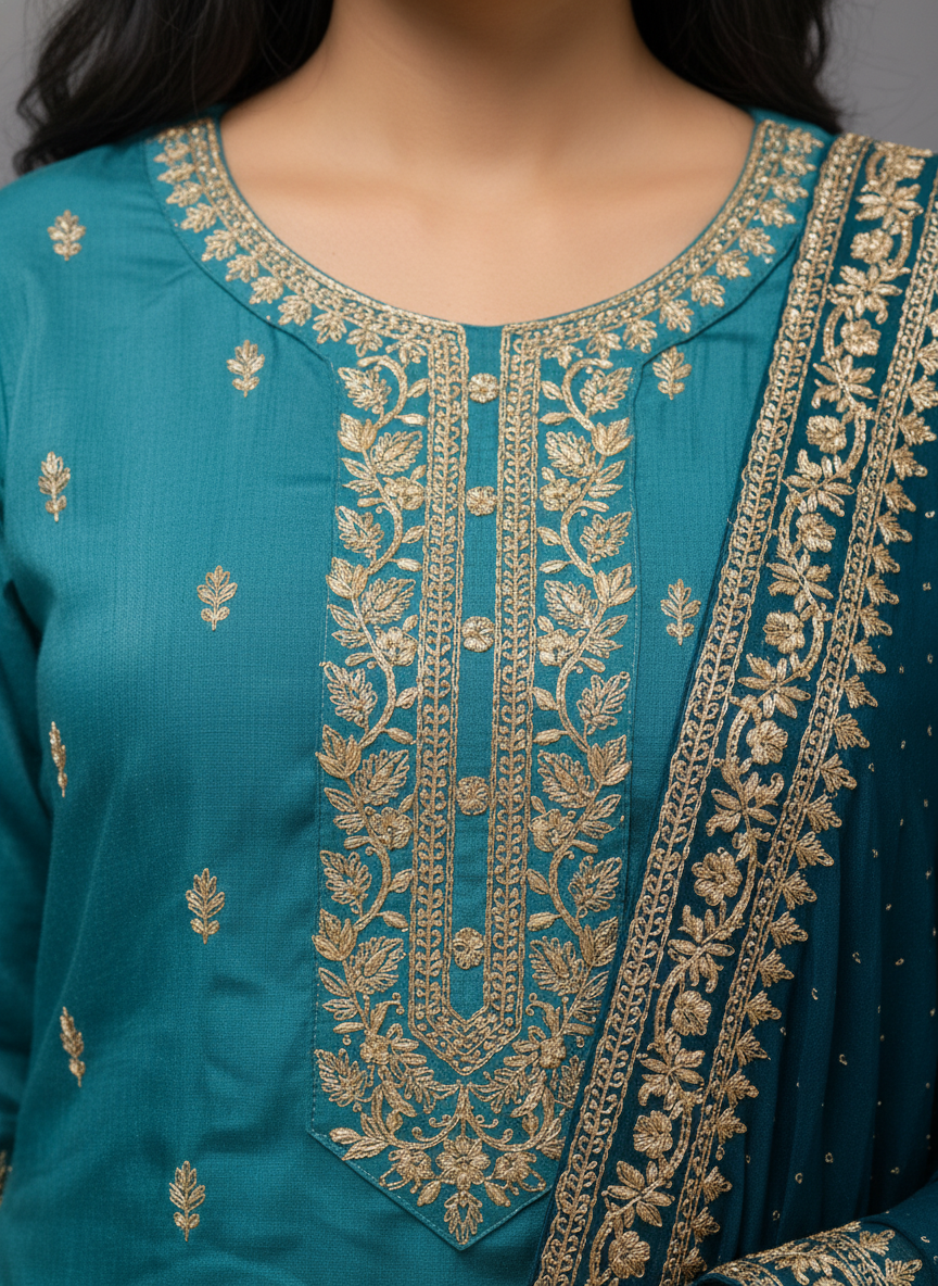Straight-Cut Suit in Firozee with Gold Zari Embroidery