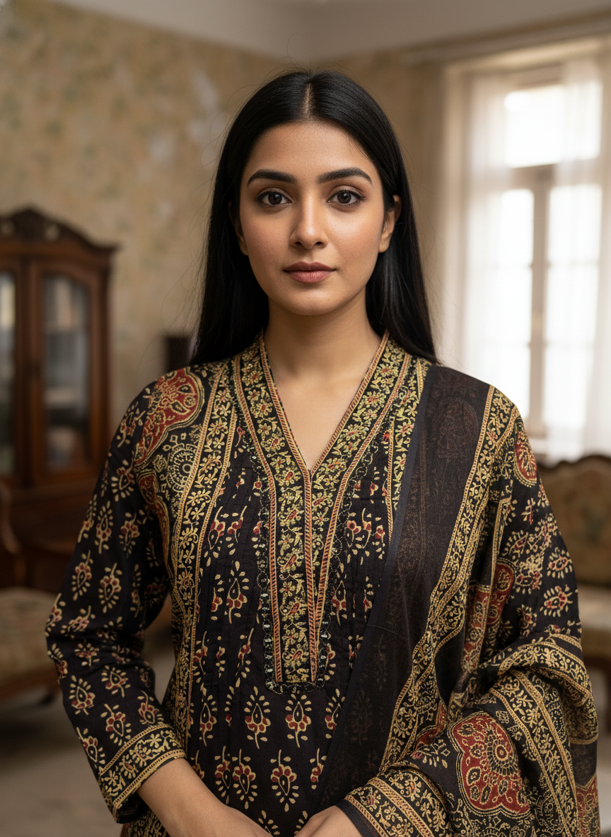 Black and Gold Ajrakh Cotton Kurta Set for Women – Printed Ethnic Palazzo Suit