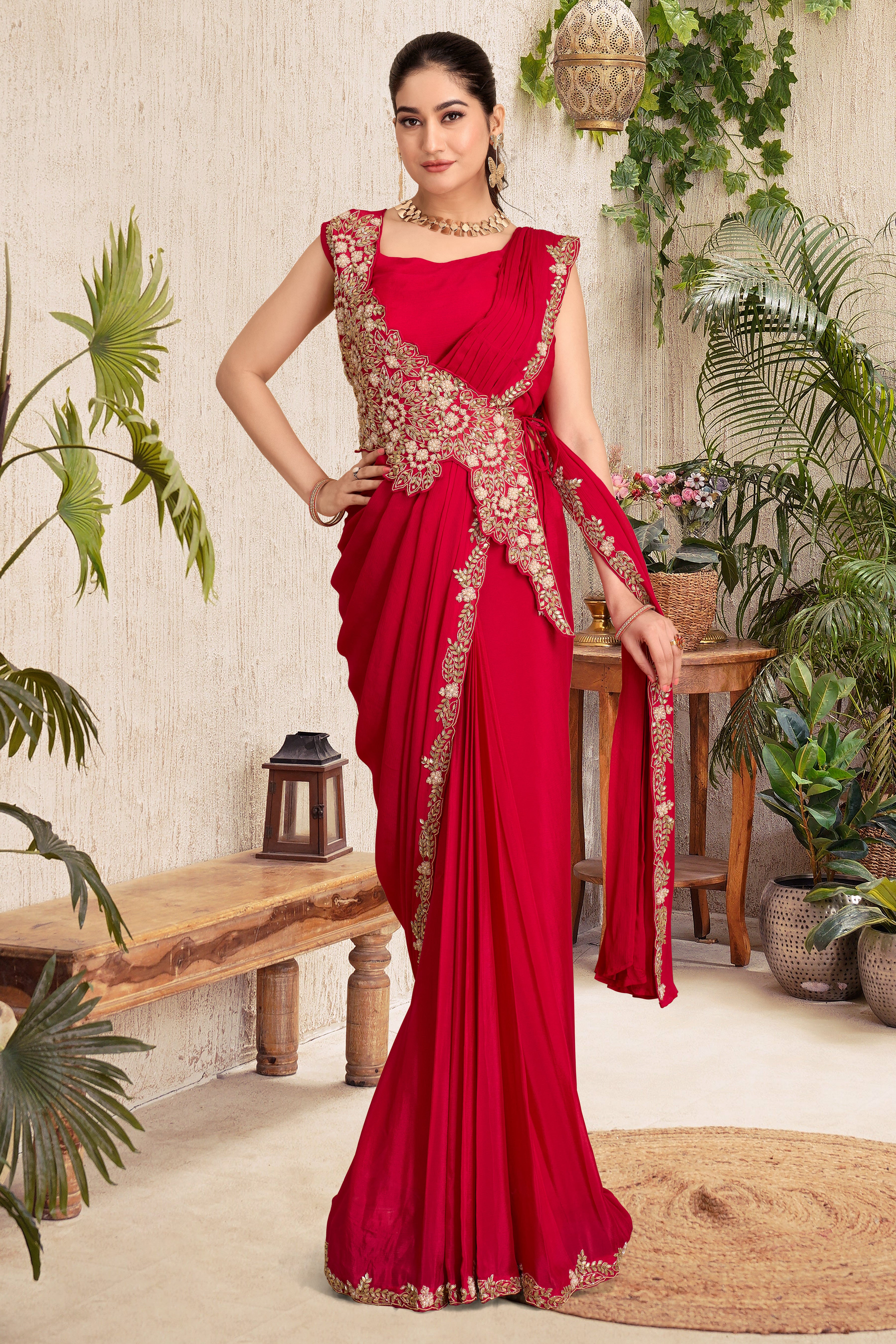 The Scarlet Red Draped Saree Gown with Gold Embroidery