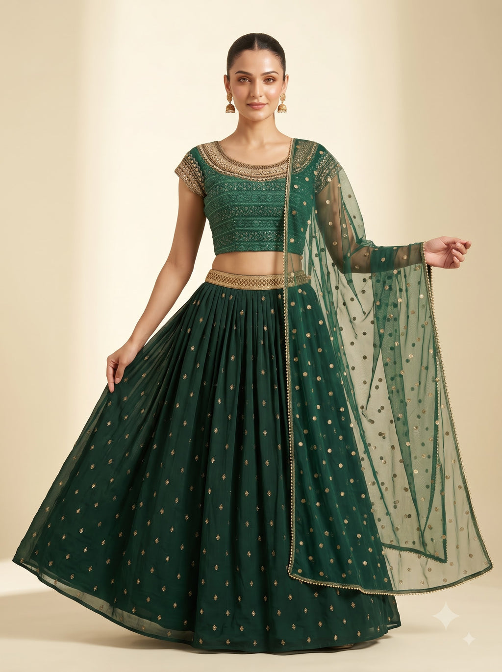 Bottle Green Georgette Lehenga Set with Sequin Embroidered Blouse & Net Dupatta
