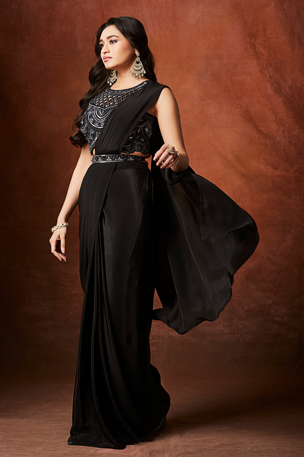 Midnight Glamour Pre-Draped Sequin Saree