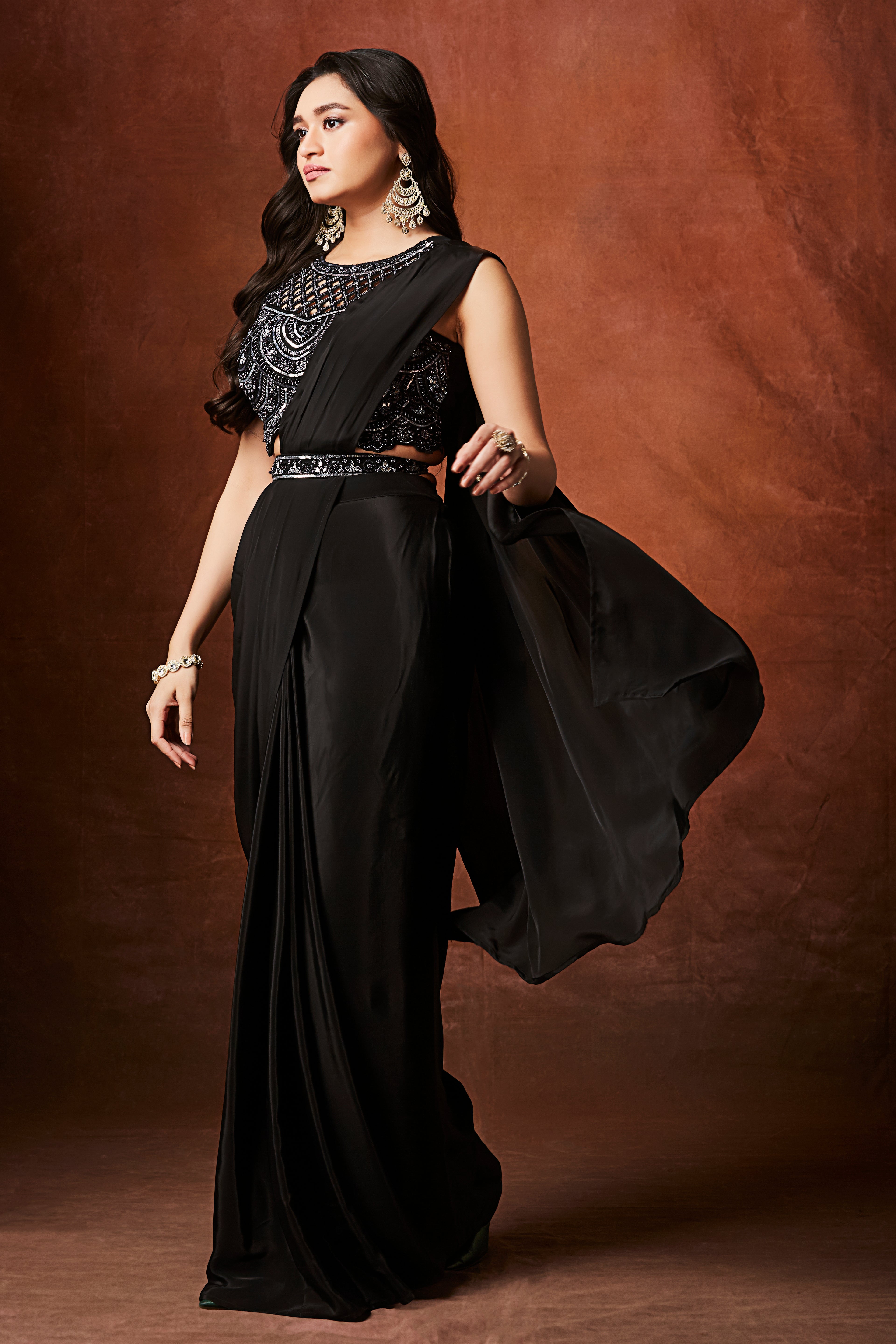 Midnight Glamour Pre-Draped Sequin Saree