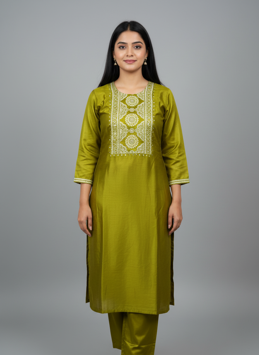 Olive Gold Satin Silk Embroidered Suit Set