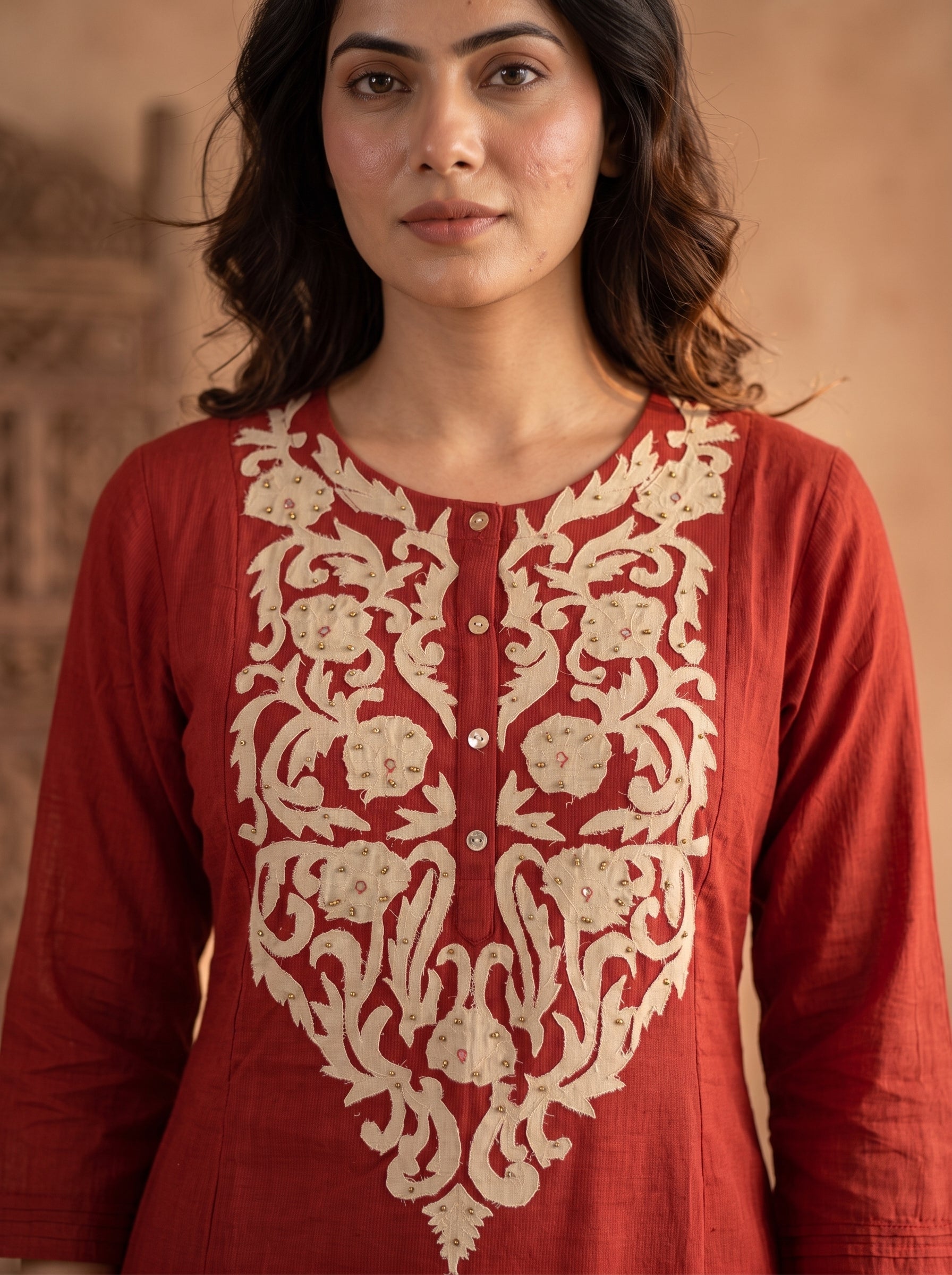Rust Red Aari Embroidered Cotton Kurta Pant Set
