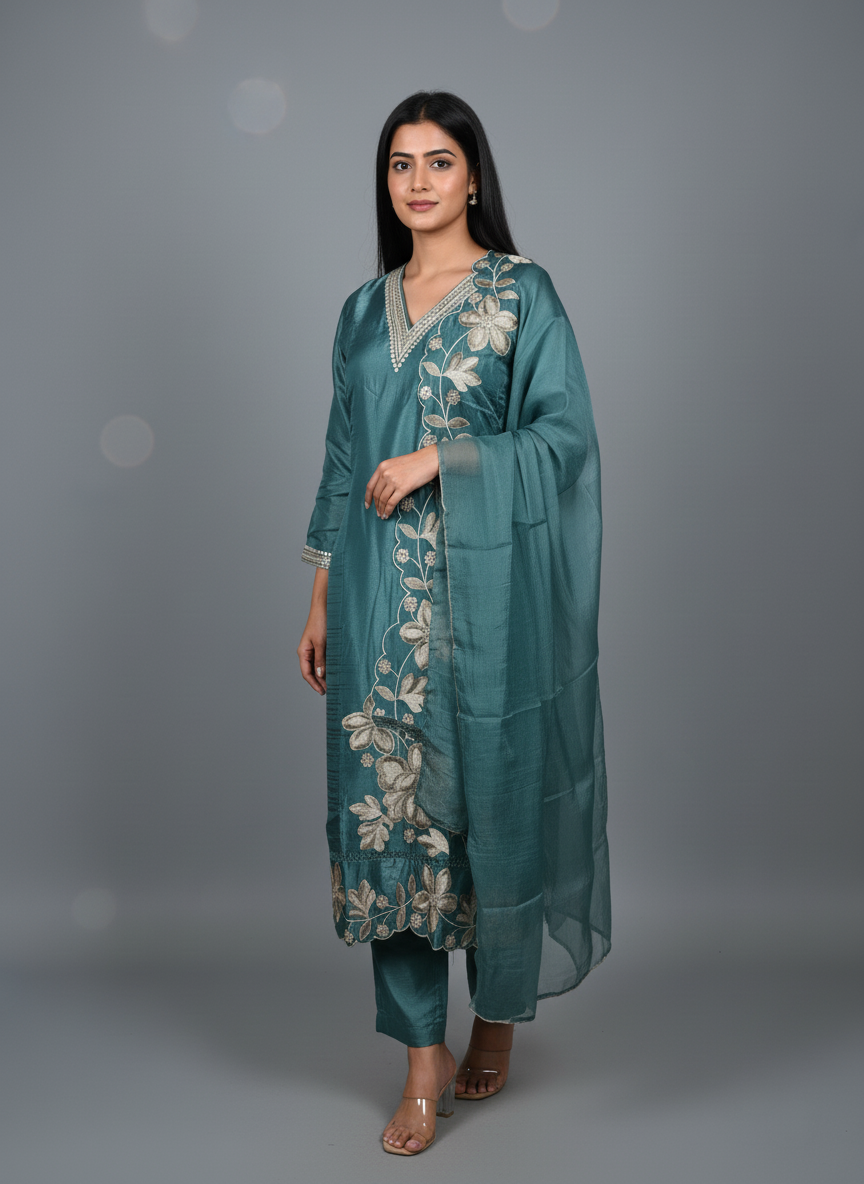 Teal Silk Floral Embroidered Suit Set