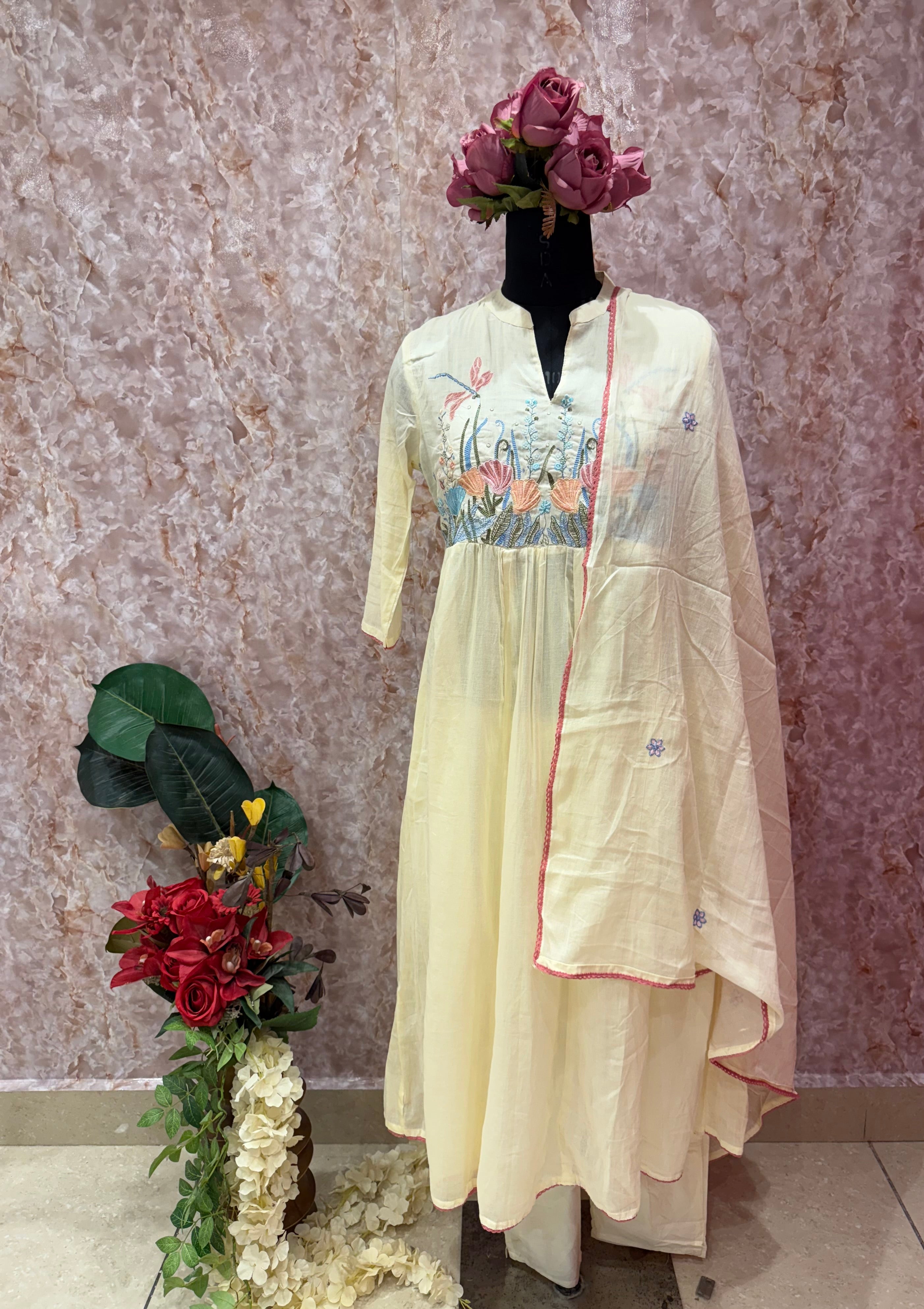 Sunshine Meadow: Soft Yellow Mul Cotton Anarkali Set