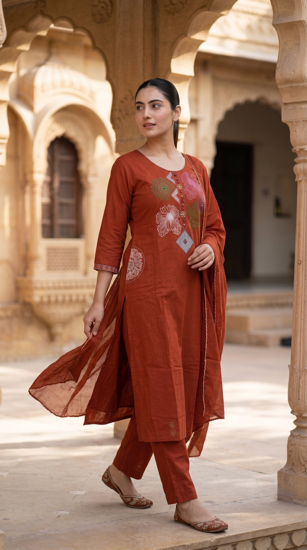 Rust Floral Embroidered Cotton Kurta Set – Mirror Work Straight Suit