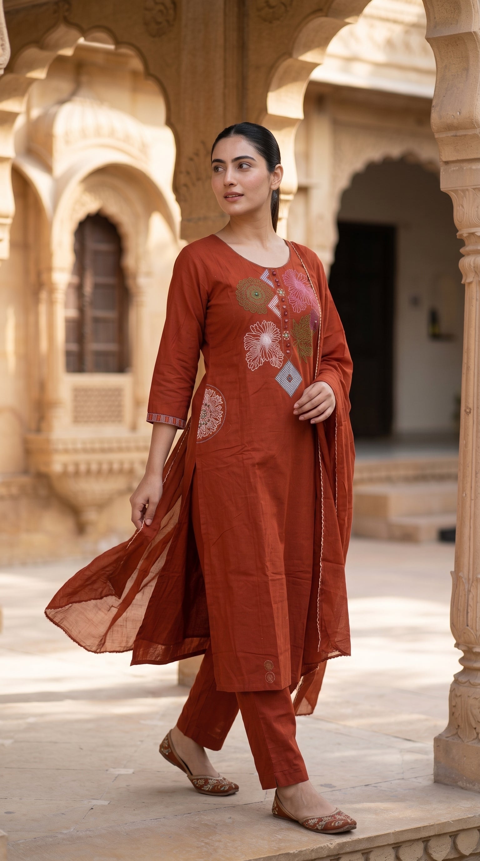 Rust Floral Embroidered Cotton Kurta Set – Mirror Work Straight Suit