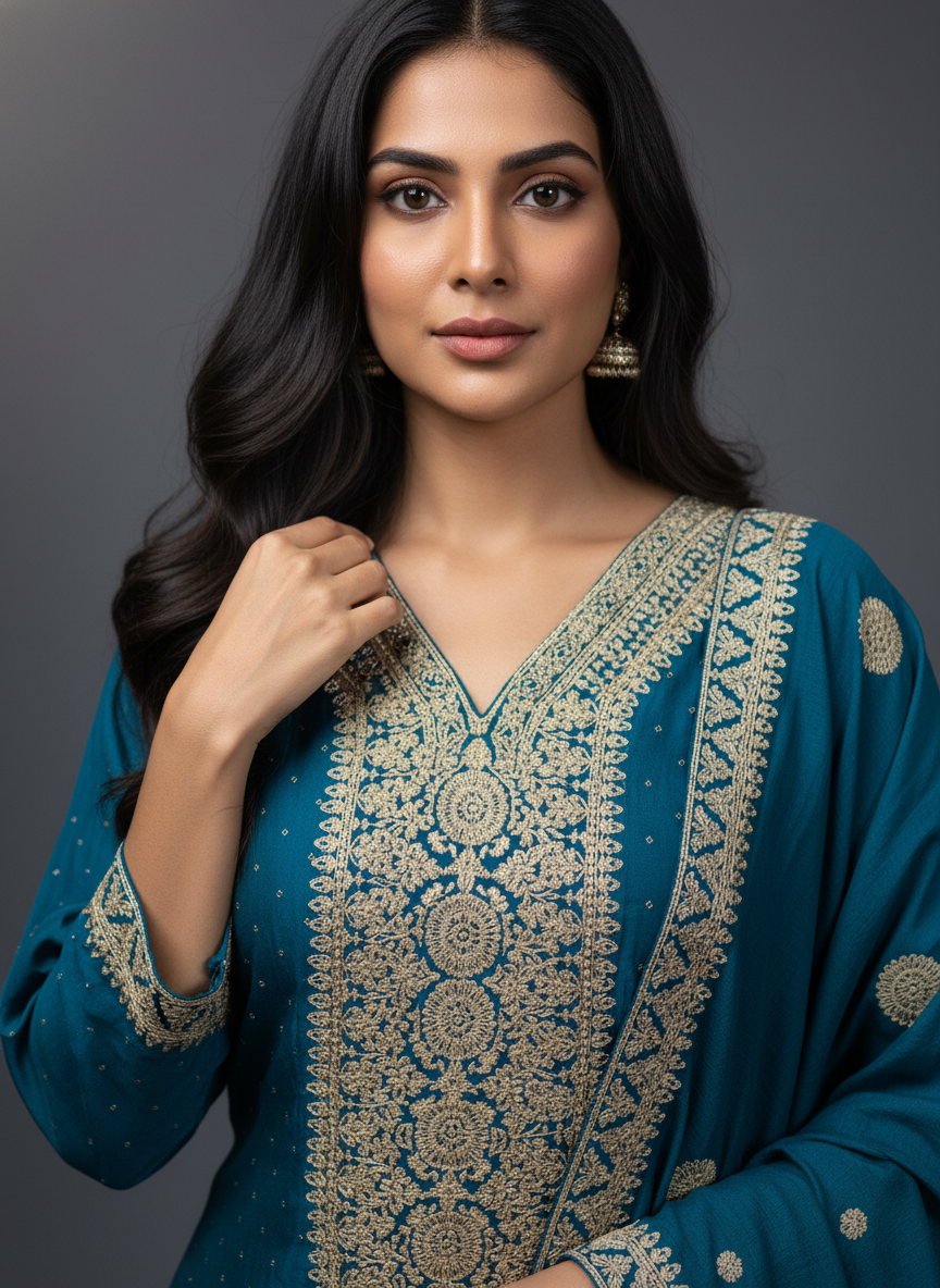 Regal Firozi Viscose Suit Set with Heavy Gold Zari Embroidery