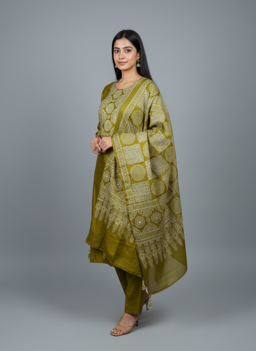 Olive Gold Satin Silk Embroidered Suit Set