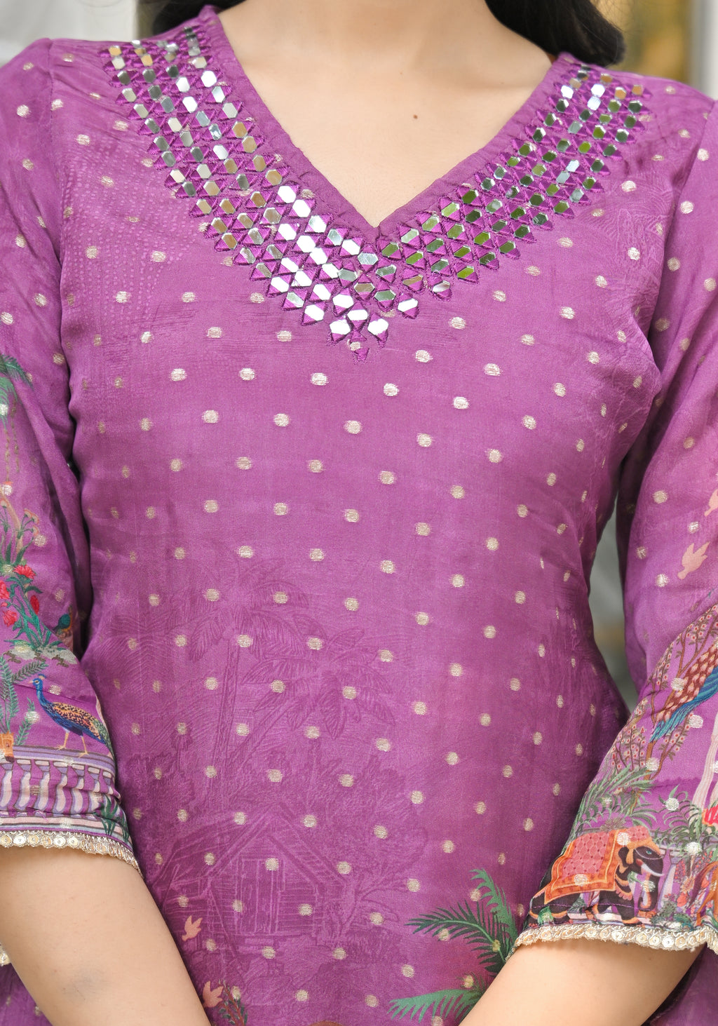 Purple Orgenza Suit Set With Elegant Neck Work And Print