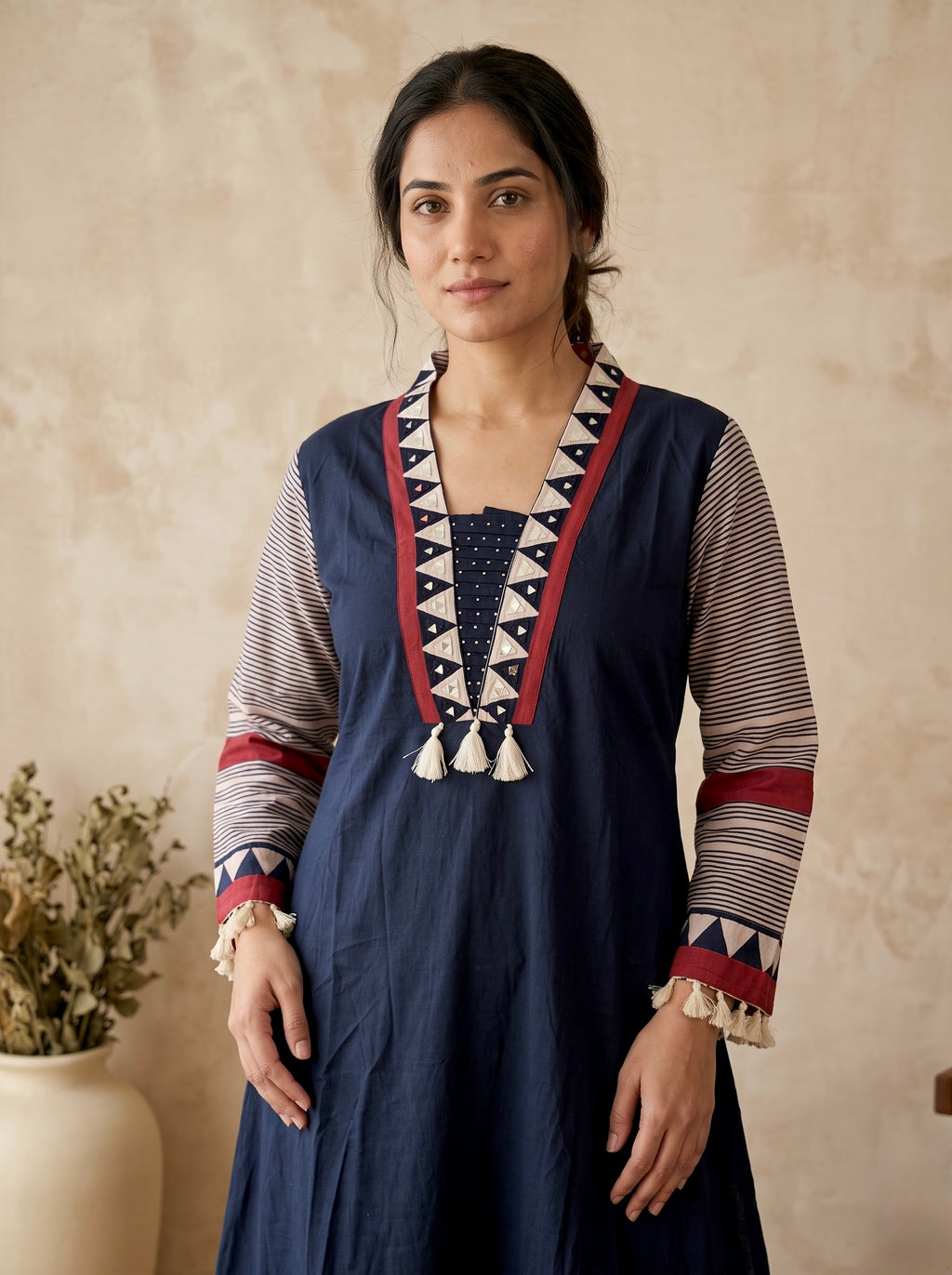 Navy Blue Polka Dot A-Line Premium Cotton Kurta Set