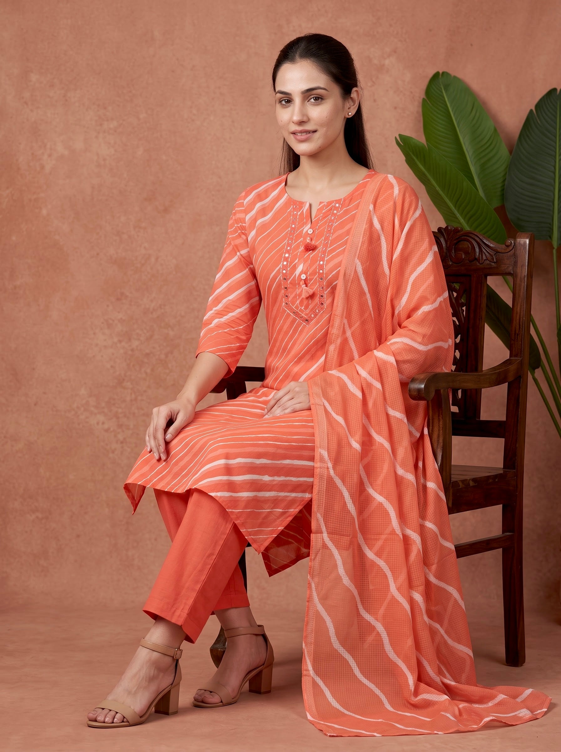 Peach Leheriya Print Premium Cotton Kurta Set