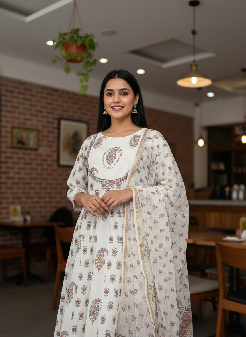 Ivory Blossom Hand-Block Printed Anarkali Set with Cotton Dupatta