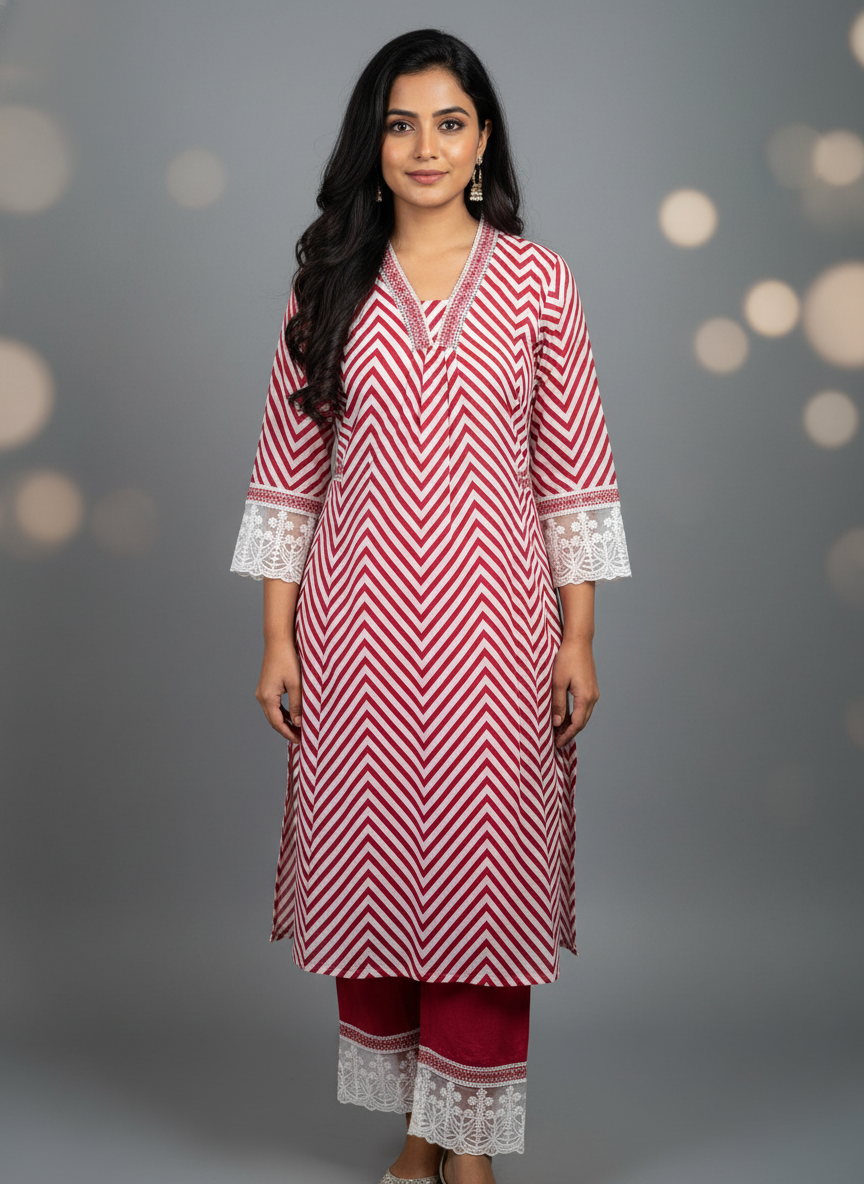 Chevron & Lace Pure Cotton Kurta Set