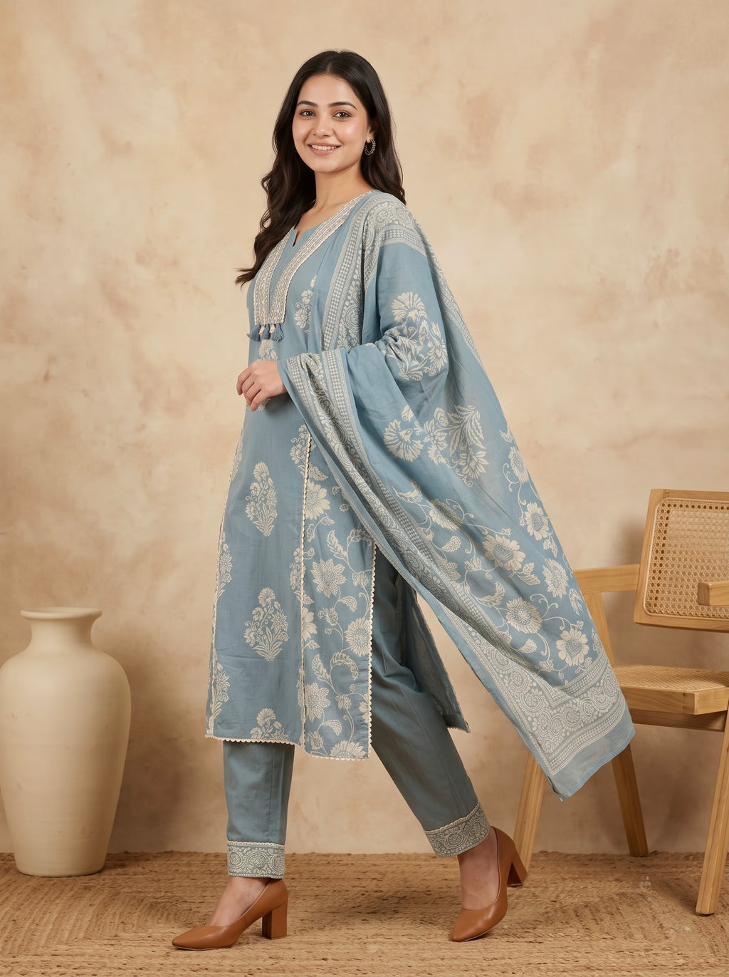 Dusty Blue Floral Print Premium Cotton Kurta Set