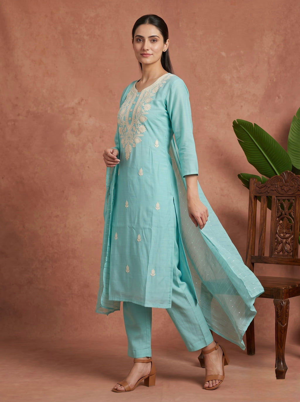 Sky Blue Chikankari Embroidered Slub Cotton Kurta Set