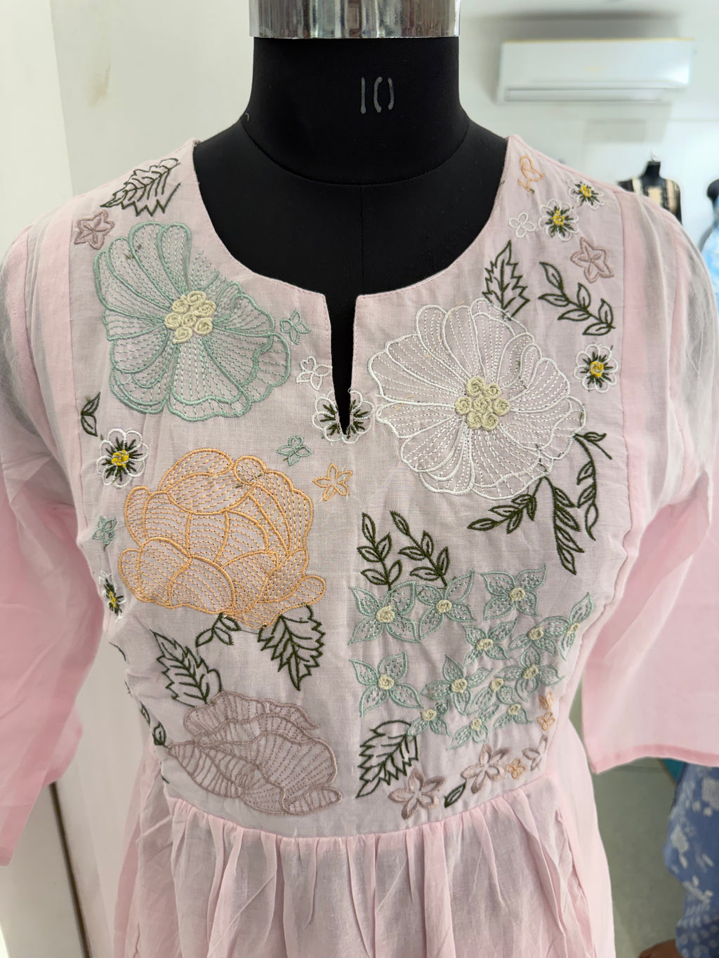Rose Pink Floral Embroidered Mal Cotton A-Line Suit Set