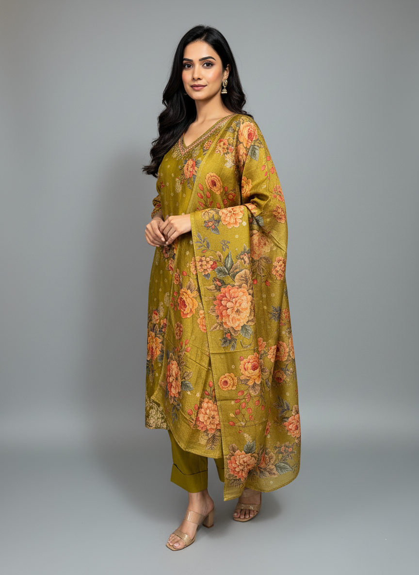 Mehandi Green Floral Silk Kurta Set with Matching Dupatta