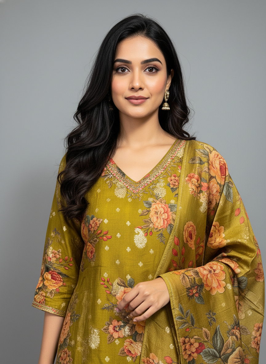 Mehandi Green Floral Silk Kurta Set with Matching Dupatta