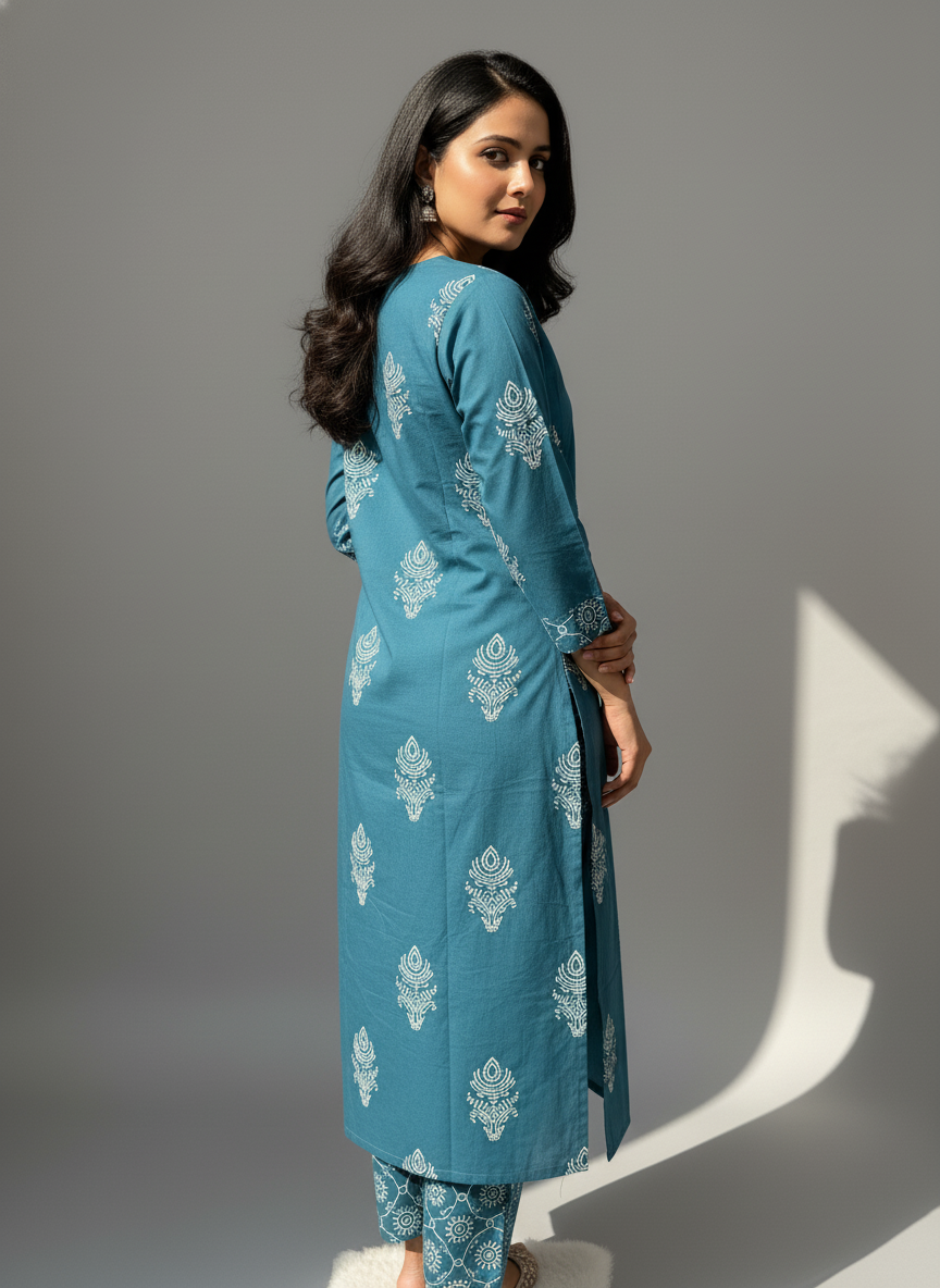 Teal Blue Mandala Print Cotton Kurta Set with Dupatta