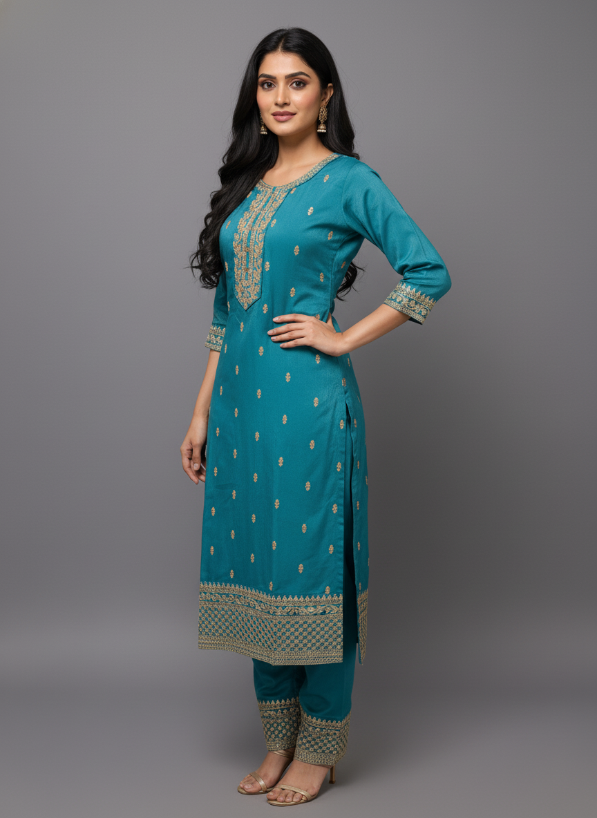 Straight-Cut Suit in Firozee with Gold Zari Embroidery