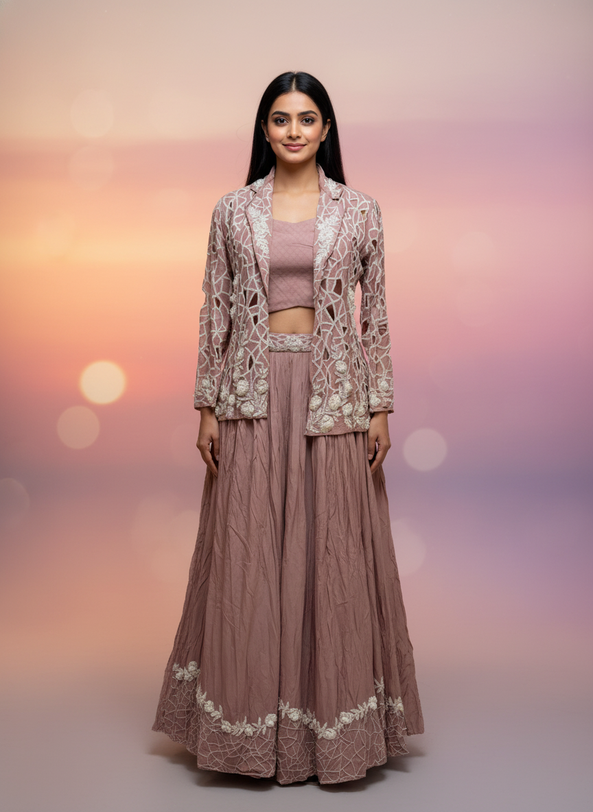 Lavender Embroidered Jacket Lehenga Set - Exquisite Crepe Ensemble