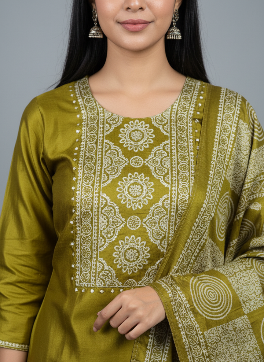 Olive Gold Satin Silk Embroidered Suit Set