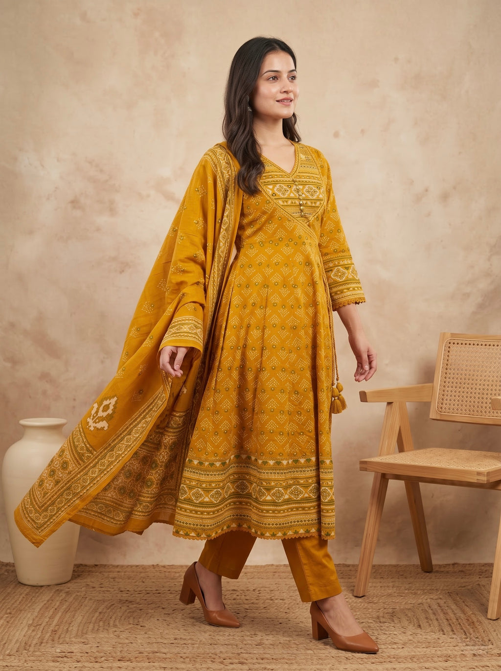 Mustard  Print Premium Cotton Anarkali Kurta Set