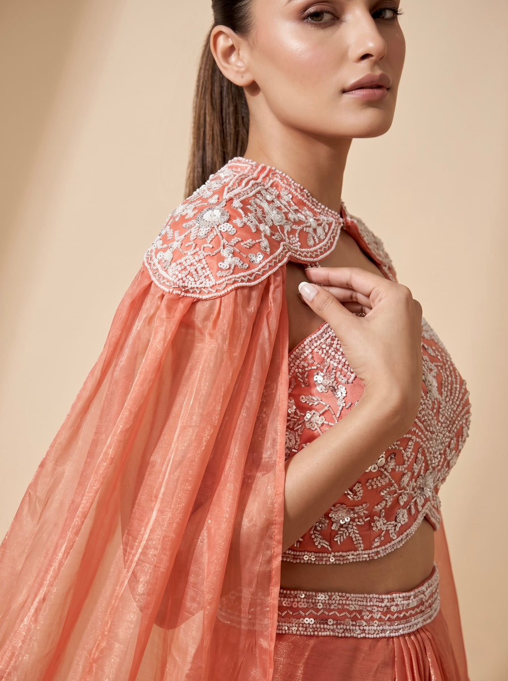 Peach Gucci Crepe Crop Top & Draped Skirt Set with Pearl Embroidered Cape