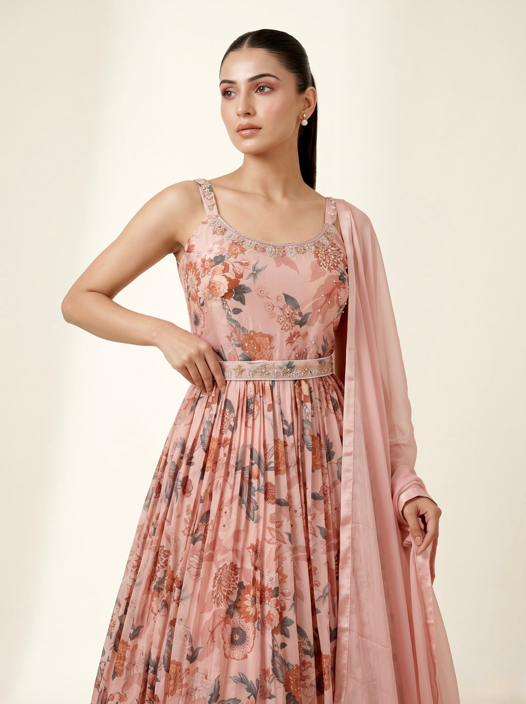 Dusty Pink Floral Print Chinon Crepe Anarkali Gown with Embellished Belt & Dupatta