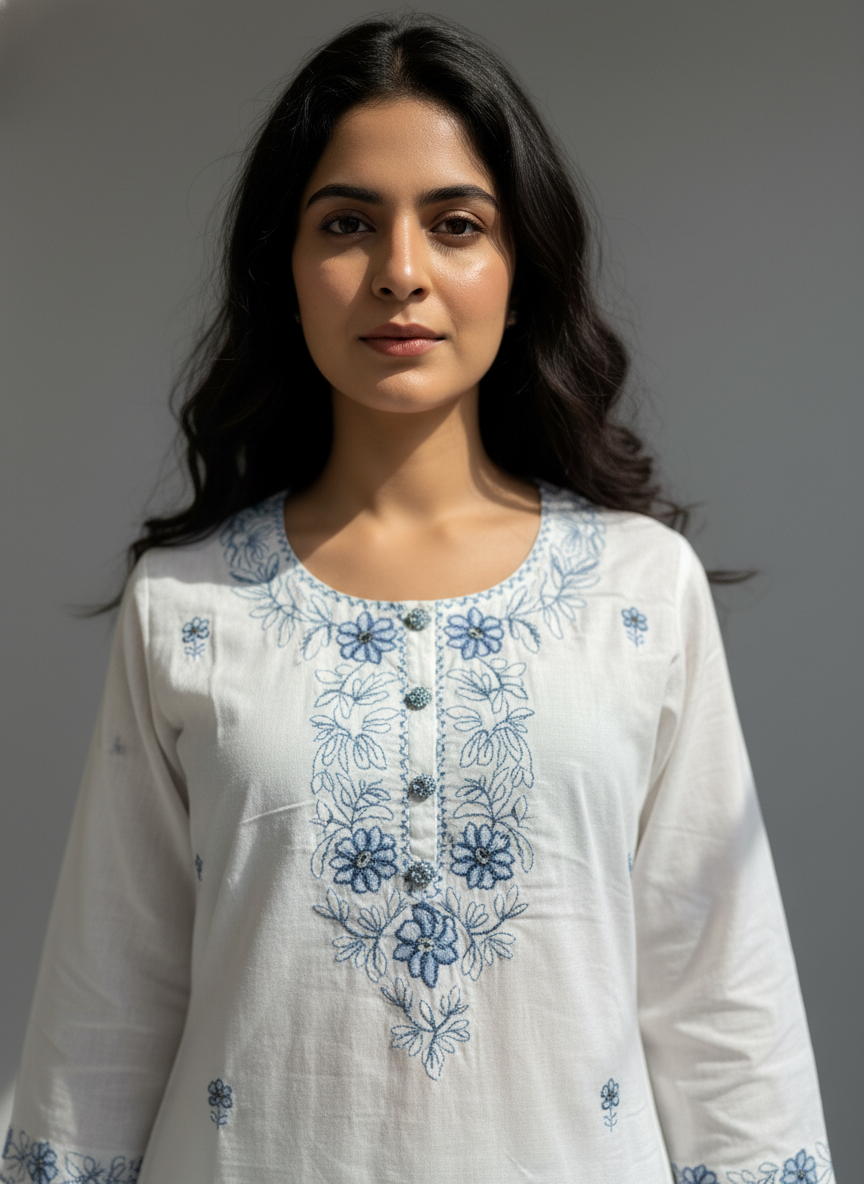 Pristine White Cotton Chikankari Embroidery Kurta Set